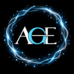 A.G.E. logo centered within a glowing blue circular ring inspired by DNA, data networks, and longevity science on a black background.