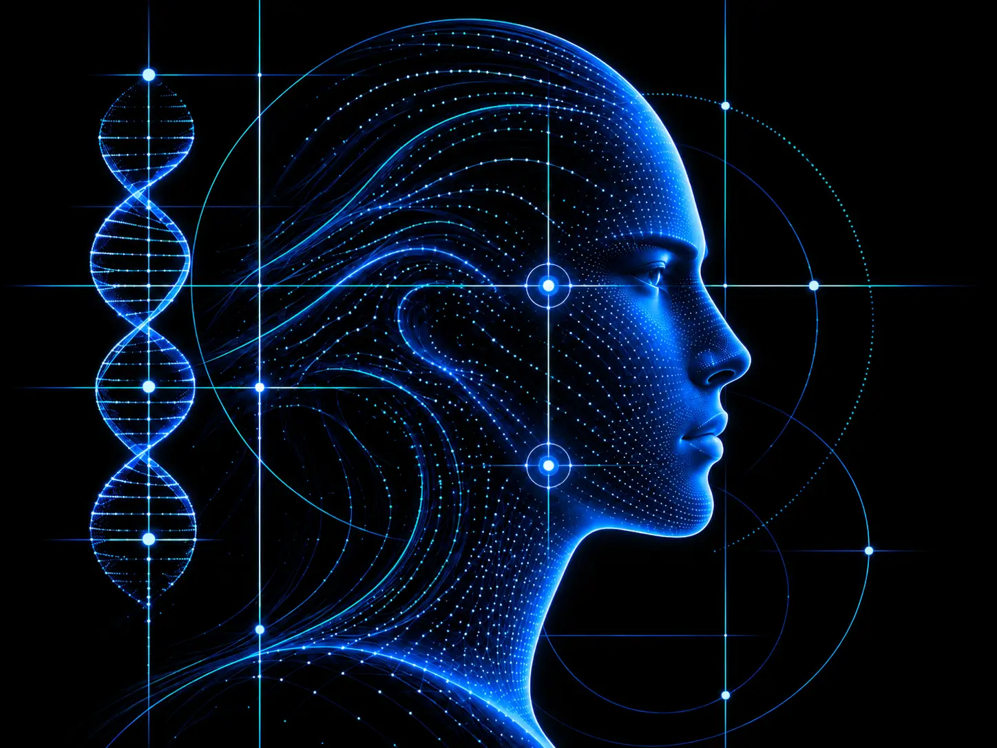 Alt text: Futuristic gender-neutral human profile rendered in glowing blue digital lines, surrounded by geometric data patterns with a DNA helix on the left, symbolizing genetics, technology, and longevity.